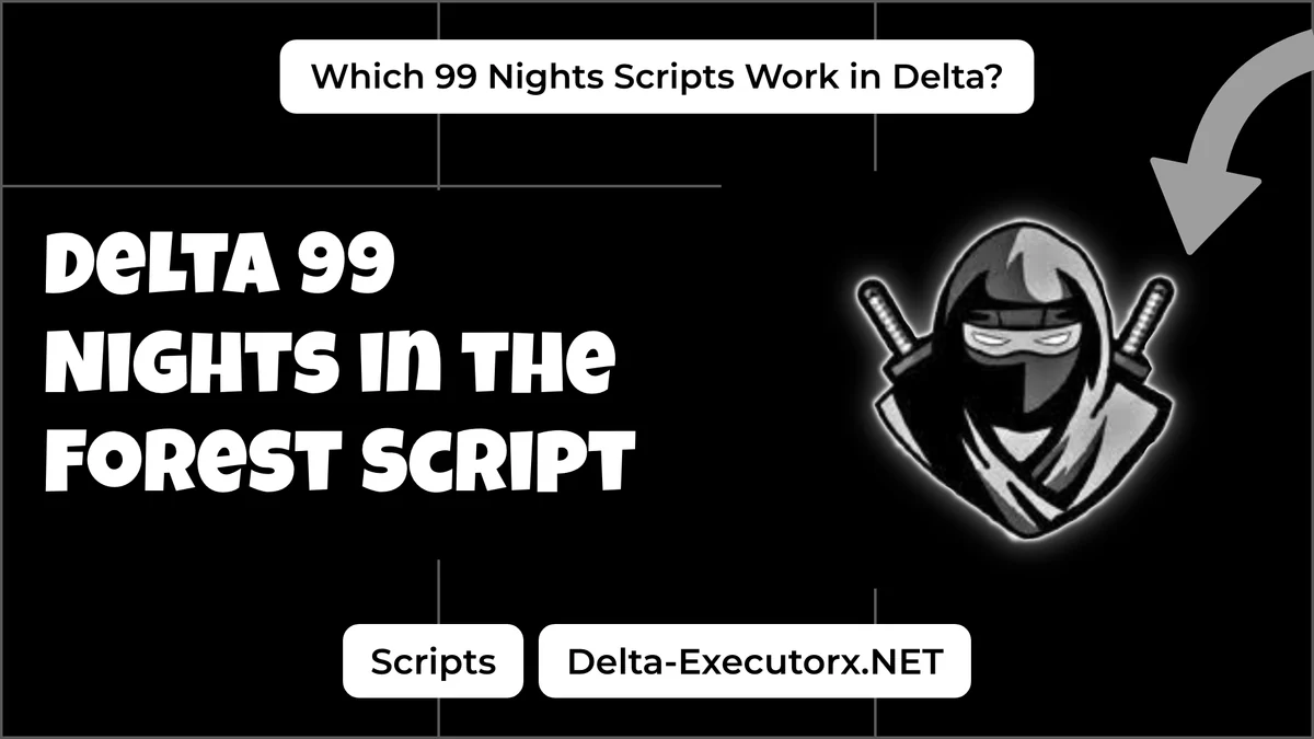 Delta 99 Nights in the Forest script cover with the ninja logo and a working scripts question