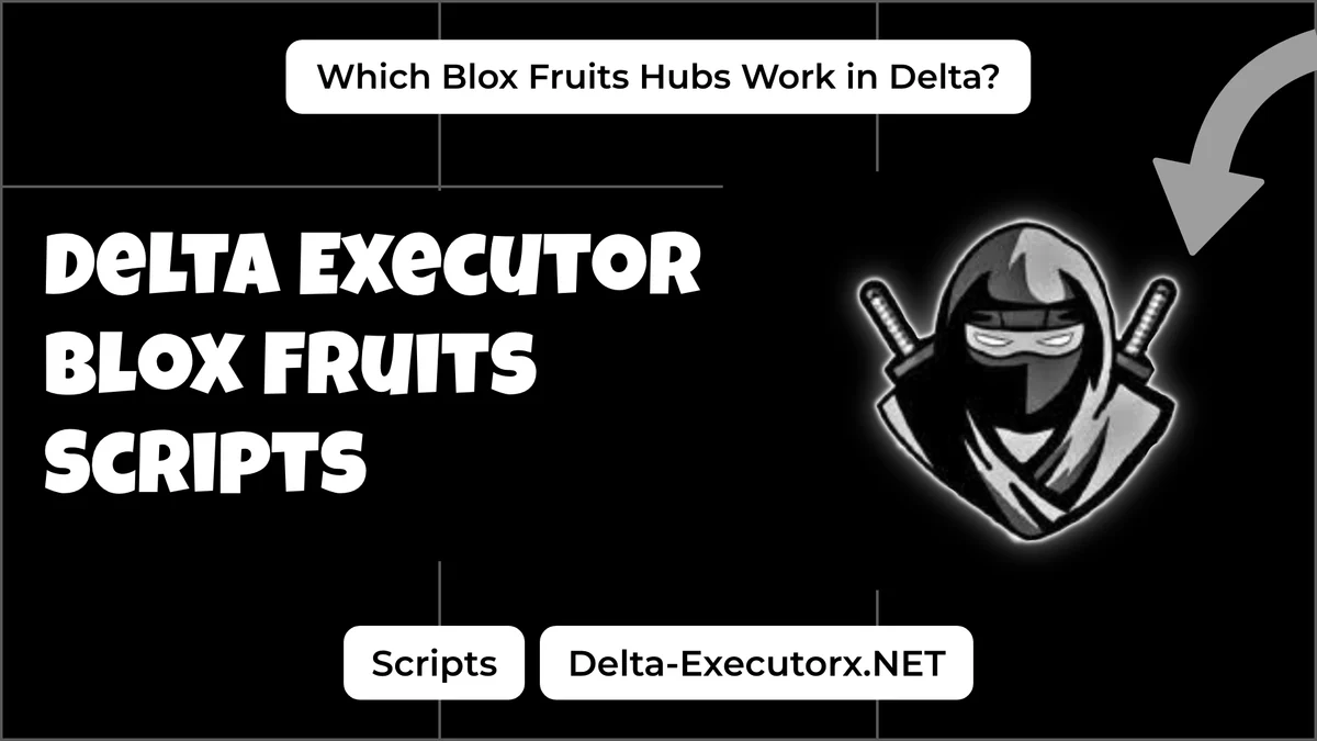 Delta Executor Blox Fruits scripts cover with the ninja logo and an auto farm hub question label