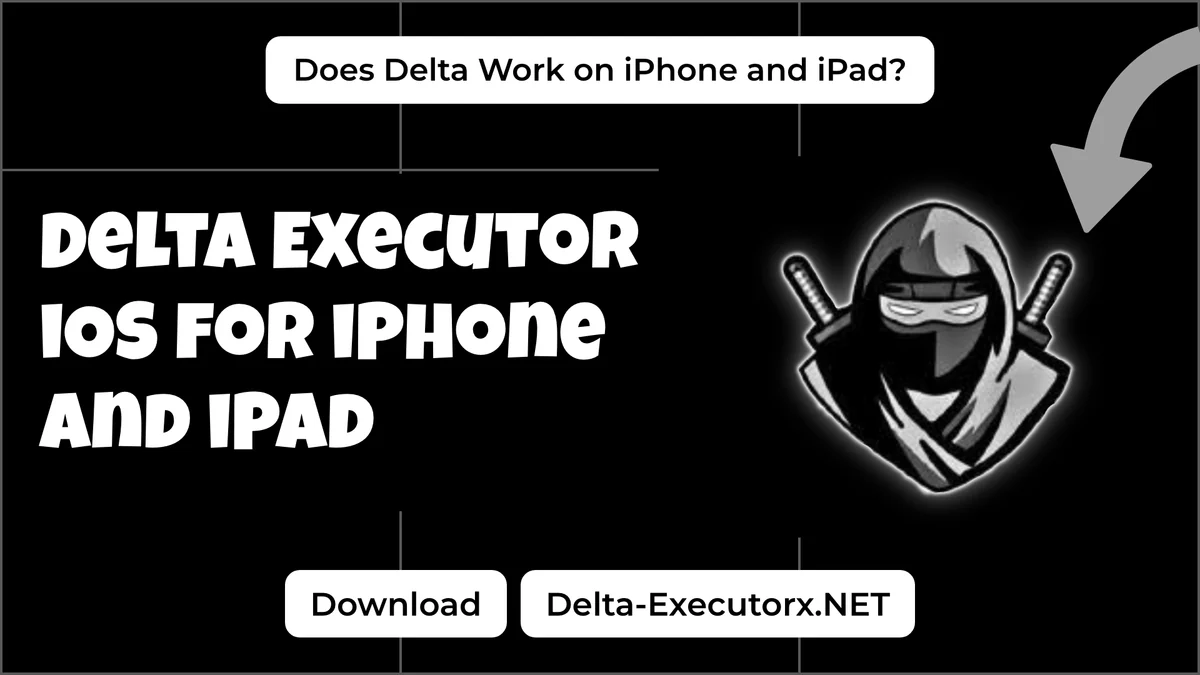 Delta Executor iOS download cover with the ninja logo and an iPhone question label