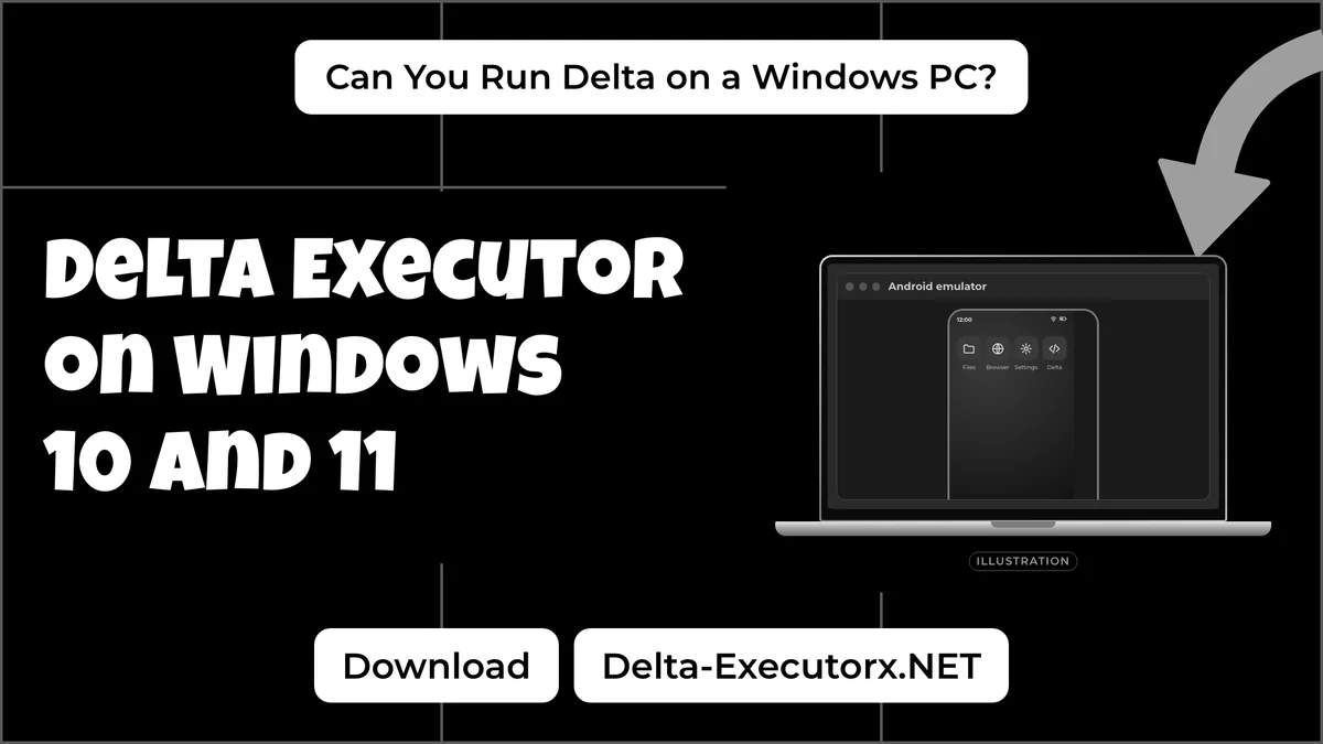 Delta Executor PC guide cover showing a laptop illustration with an Android emulator window
