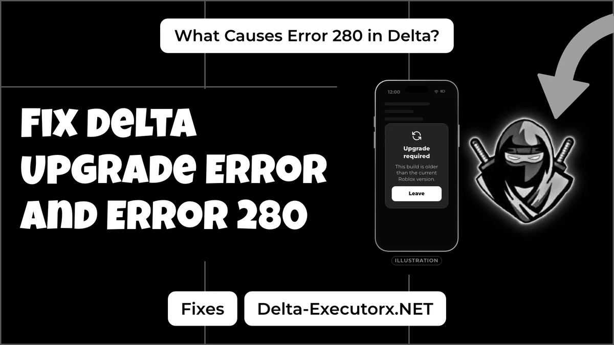 Delta Roblox upgrade error and Error 280 fix cover with a phone illustration of an upgrade prompt