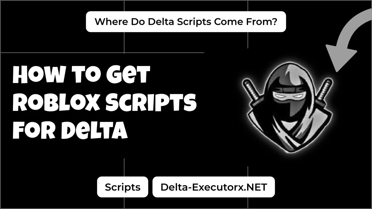Cover for getting Roblox scripts for Delta, with the ninja logo and a script source question