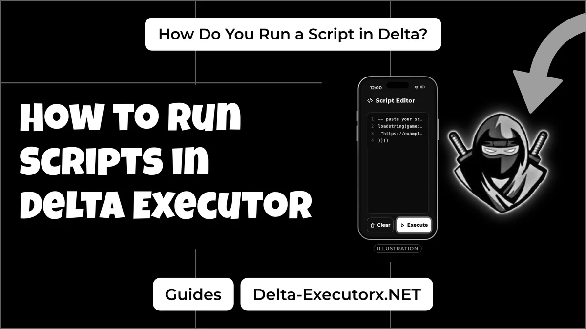 Cover for running scripts in Delta, with a phone illustration of a script editor and Execute button