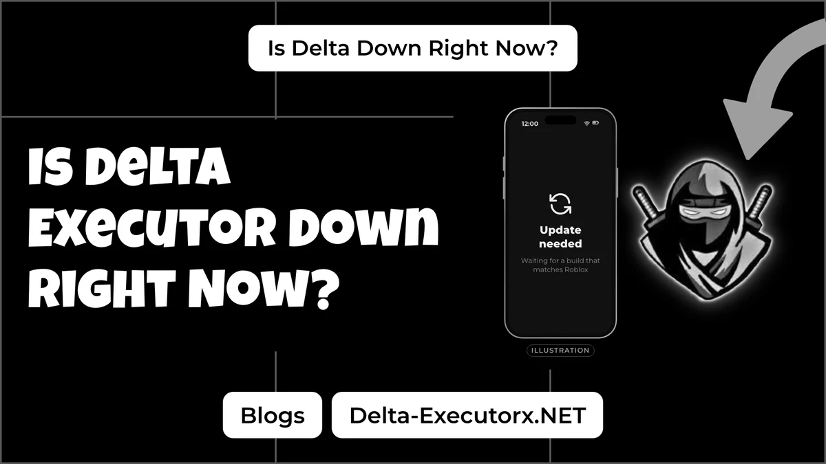 Delta Executor status cover with a phone illustration of an update needed message