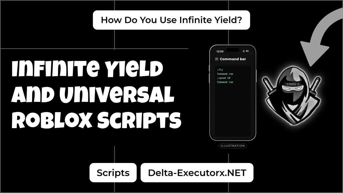 Infinite Yield universal script cover with a phone illustration of a command console