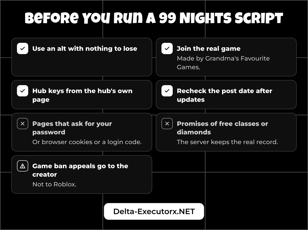 99 Nights in the Forest script safety checklist covering alt accounts, real game checks and scam signs