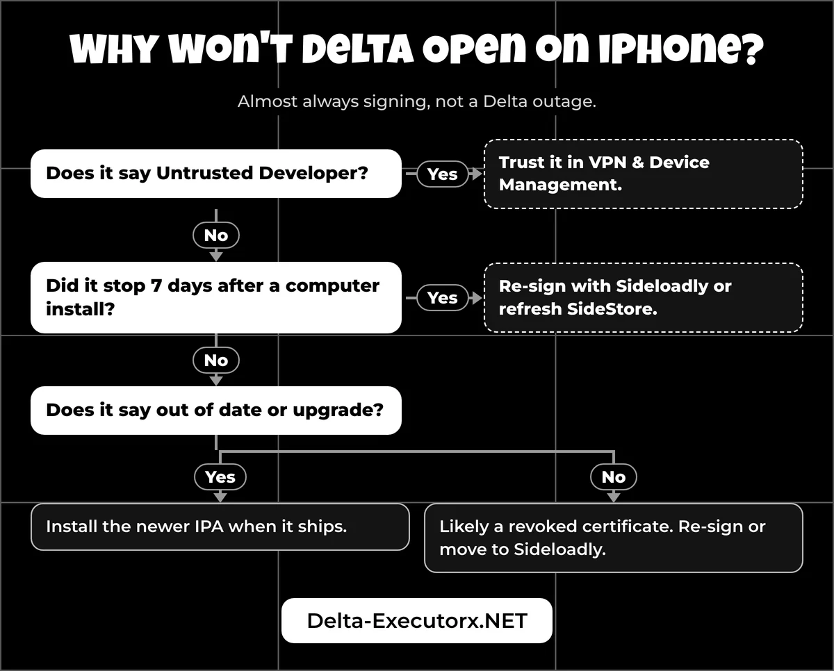 Yes or no flow for finding why Delta Executor will not open on iPhone, from trust to certificates