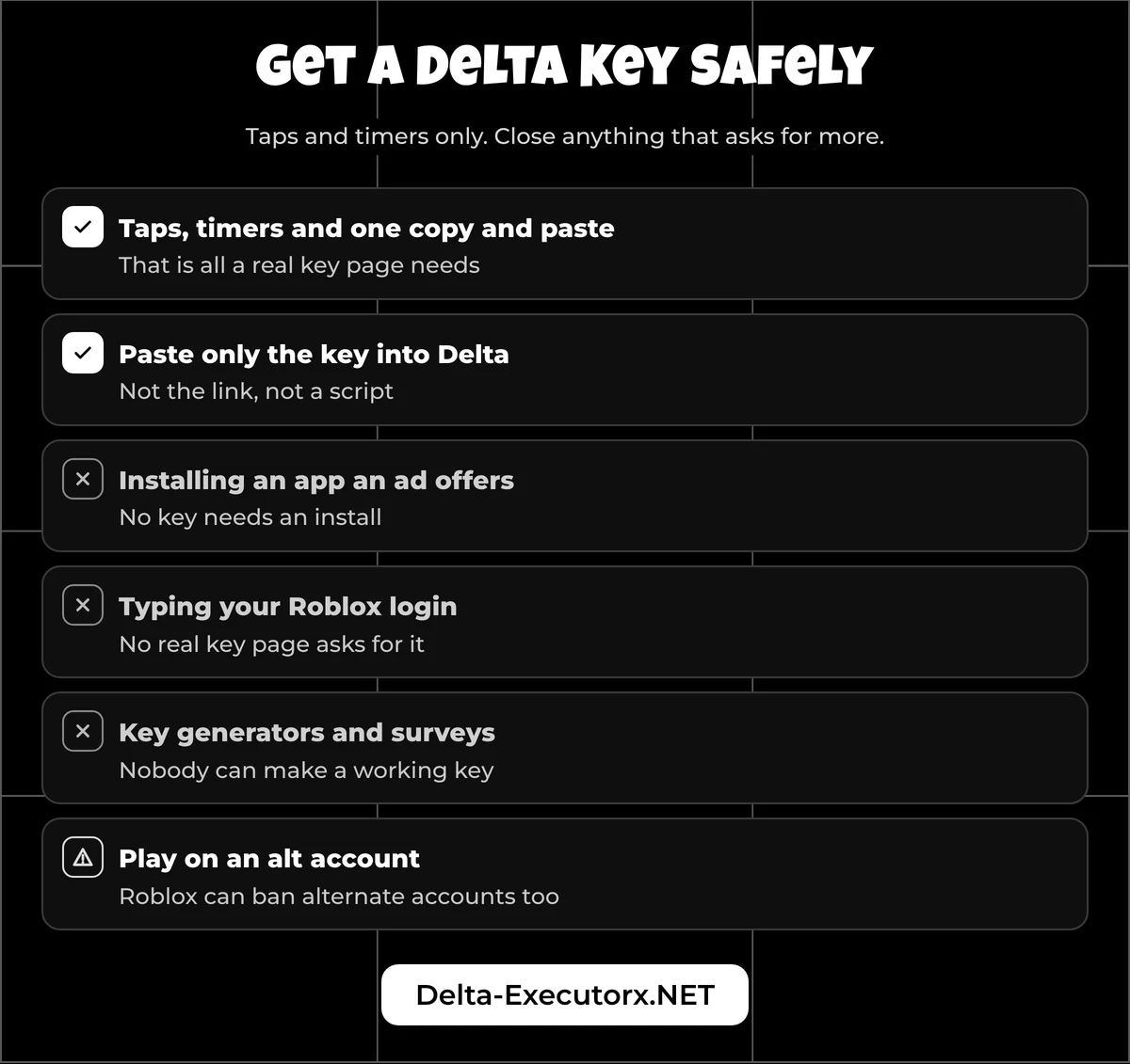 Safety checklist for getting a Delta Executor key: what to tap and what to never install or type