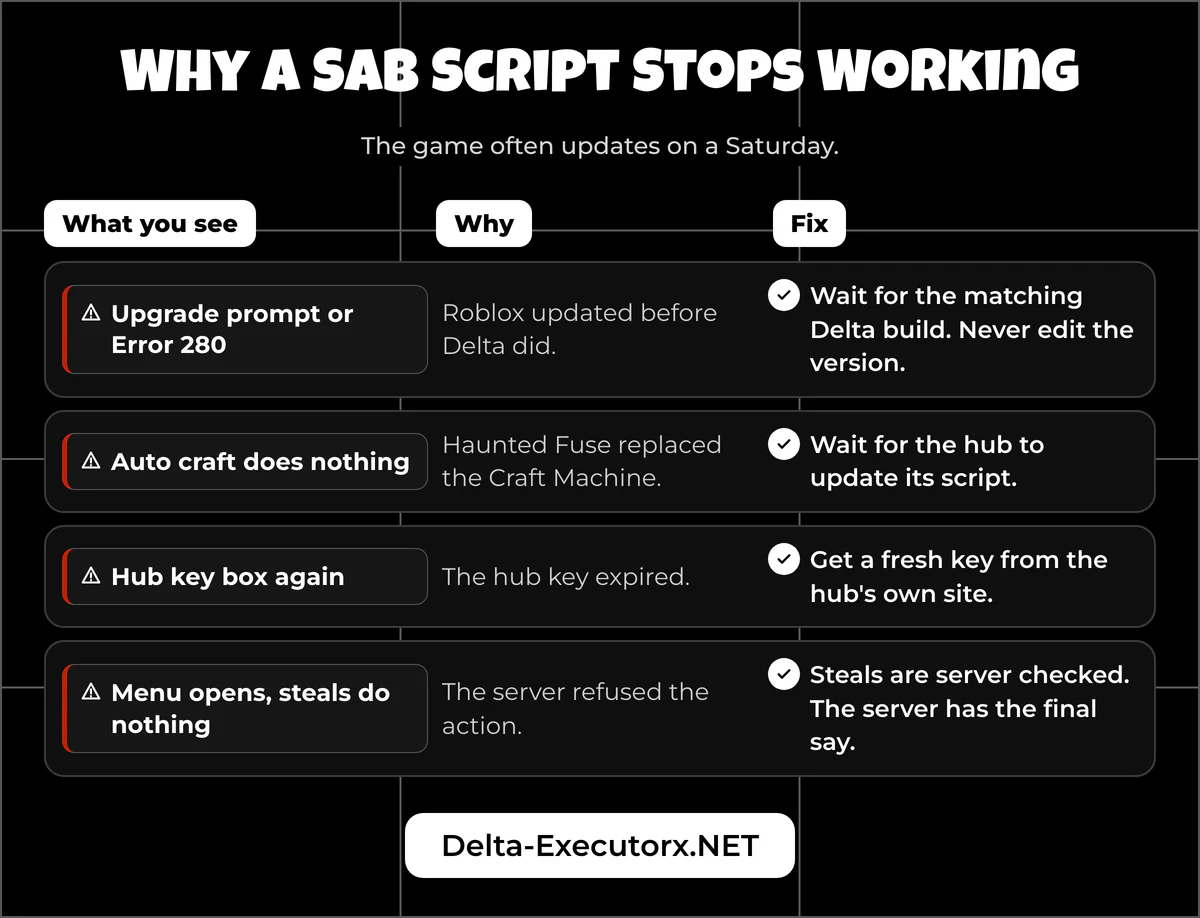 Error to fix map for broken Steal a Brainrot scripts: Error 280, expired hub key, refused steals